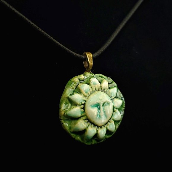 Handmade Ceramic Teak Green Sun Pendant Necklace, Sol Pendant - Picture 1 of 6